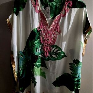 Ashley Stewart Green Leaf Print Tunic with Pink Embroidery